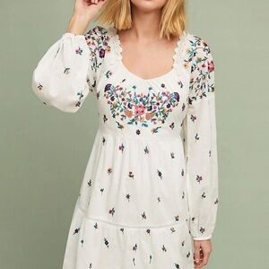 Maeve Anthropologie Sydney White Flora Embroidered Peasant Dress Size Unknown